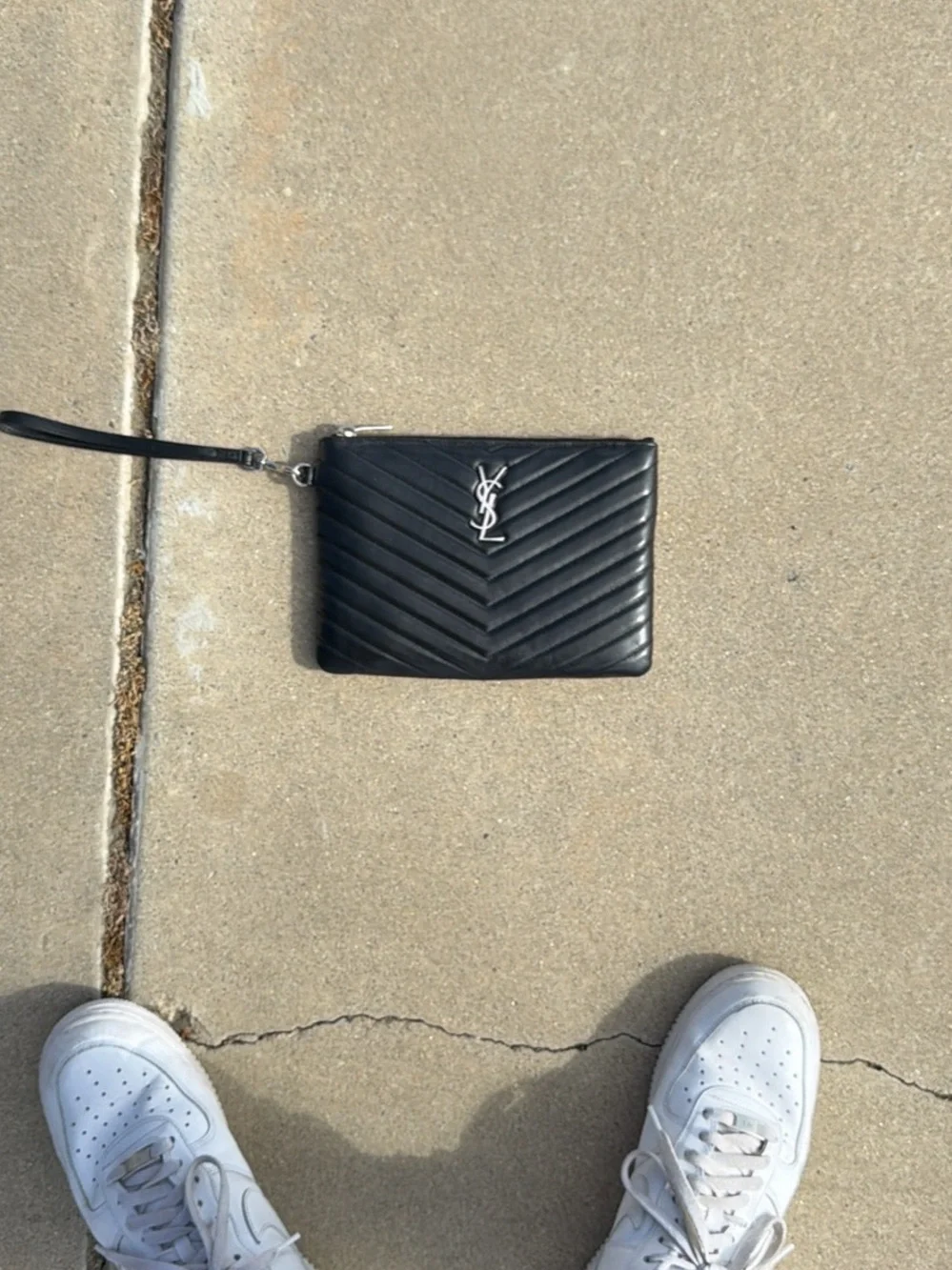 Saint Laurent Black Chevron Quilted Leather Wristlet Pouch with Silver YSL
